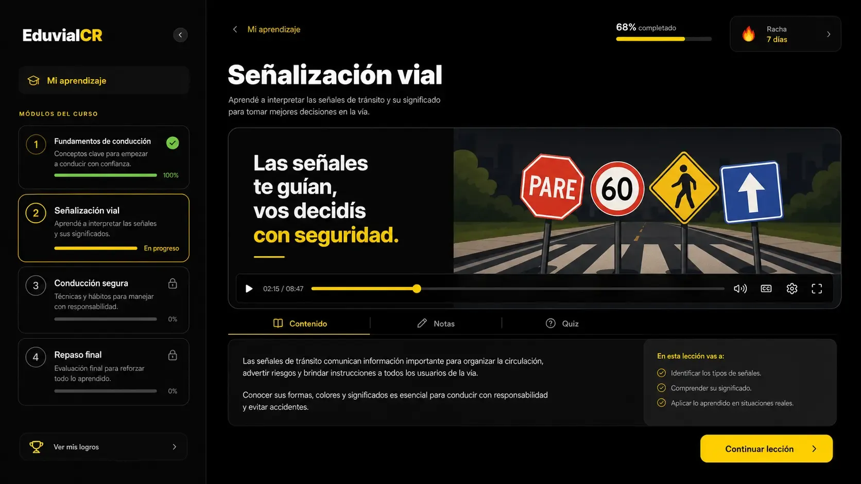 Selector de vehículo y modo de práctica de EduvialCR
